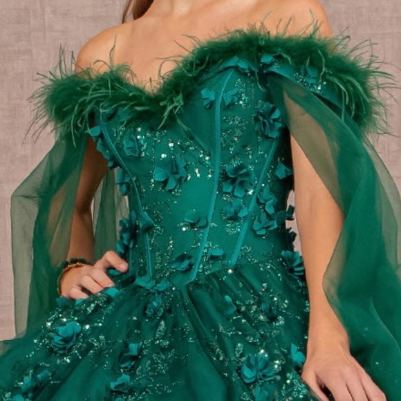 NEW OFF THE SHOULDER SLEEVELESS BALL GOWN WITH MESH CAPE & LACE UP BACK GL3101 - Picture 5 of 11